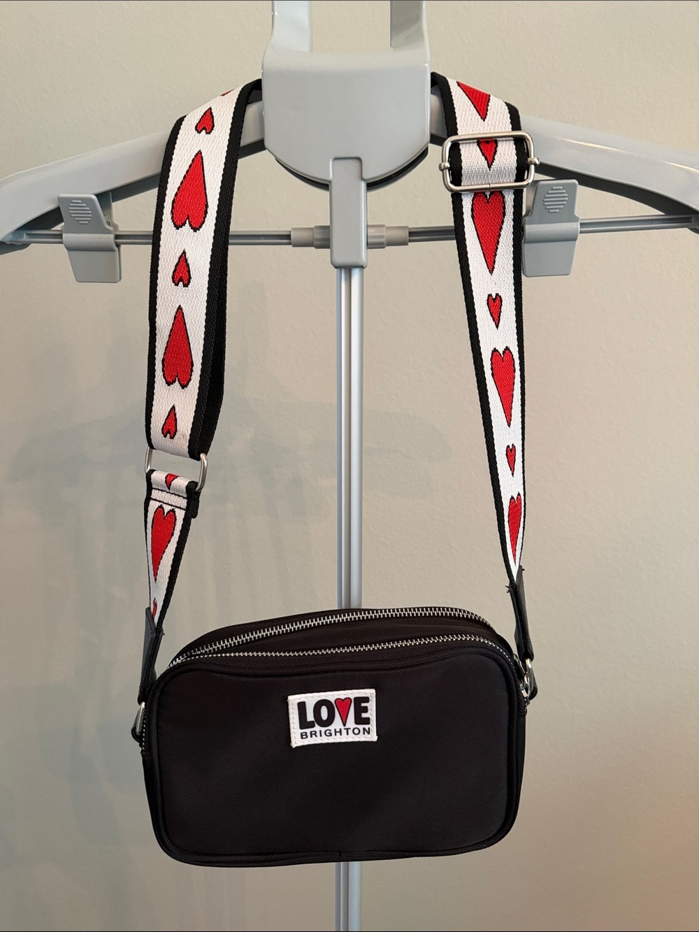 Brighton Black Crossbody with Heart-Print Strap